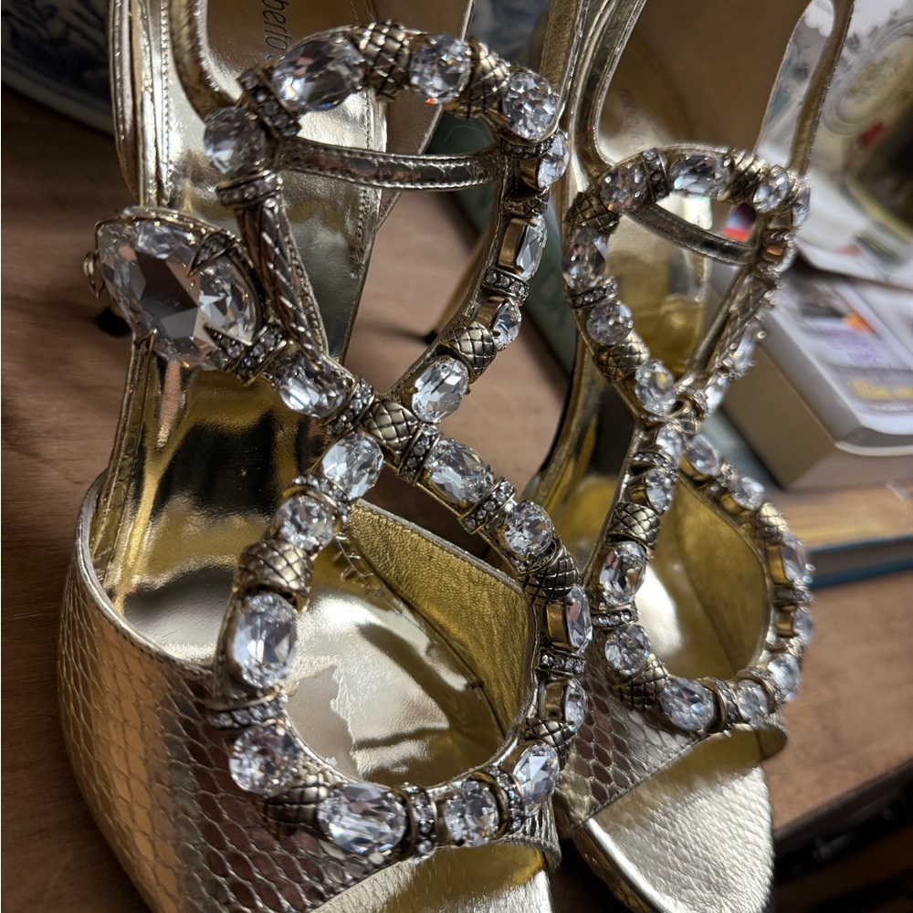 Roberto Cavalli Glamorous Gold Heels with Swarovski Crystal Serpent Snake Straps - Picture 3 of 9